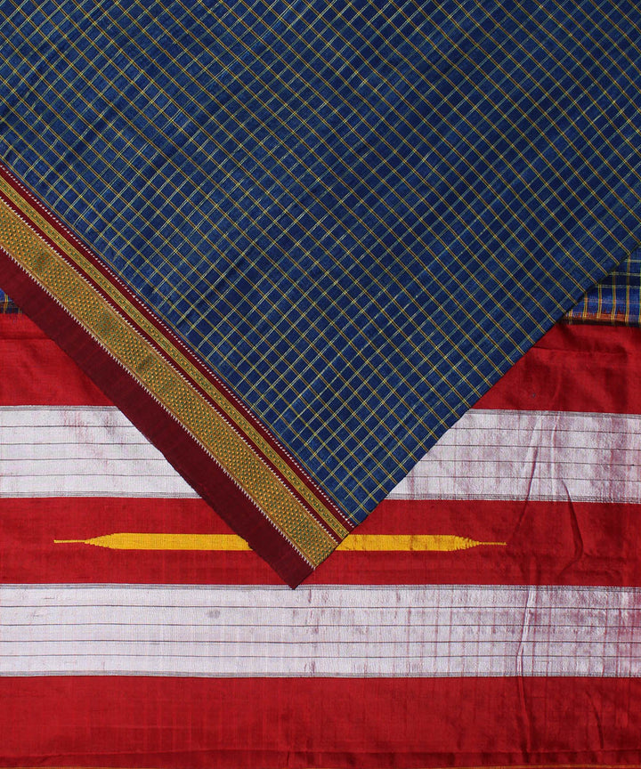 Blue red handloom cotton art silk chikki paras border ilkal sari