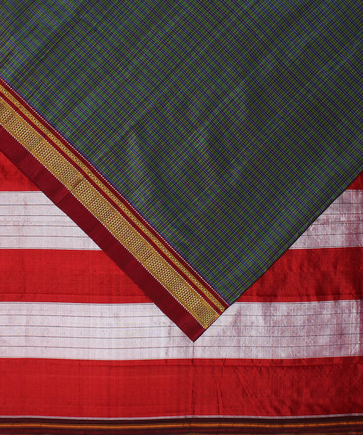 Grey red handwoven cotton art silk chikki paras border ilkal sari