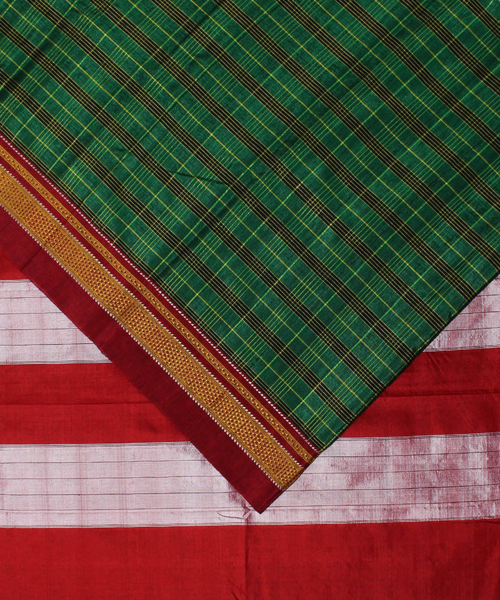 Moss green red handloom cotton art silk chikki paras border ilkal sari