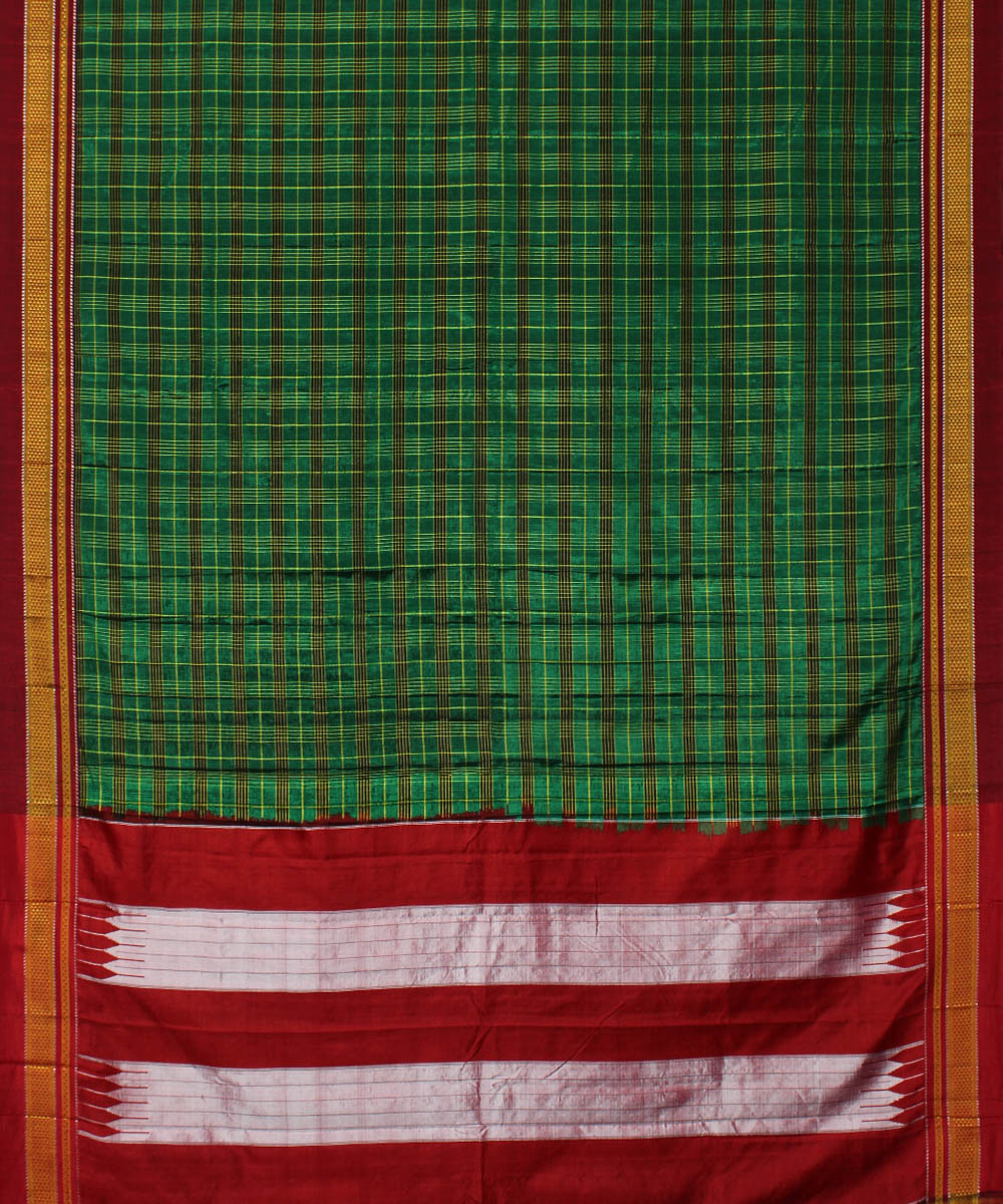 Moss green red handloom cotton art silk chikki paras border ilkal sari