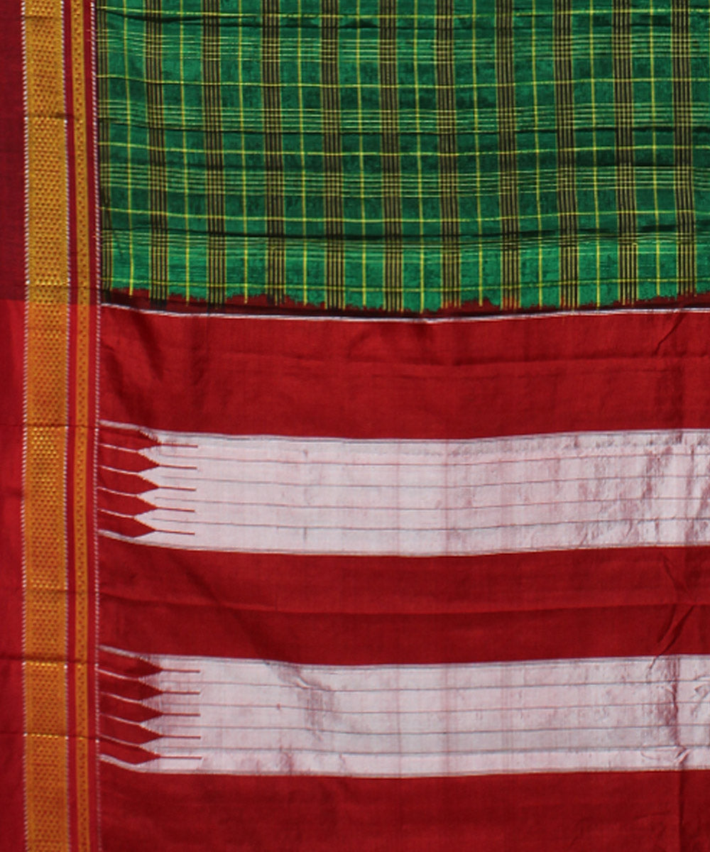 Moss green red handloom cotton art silk chikki paras border ilkal sari