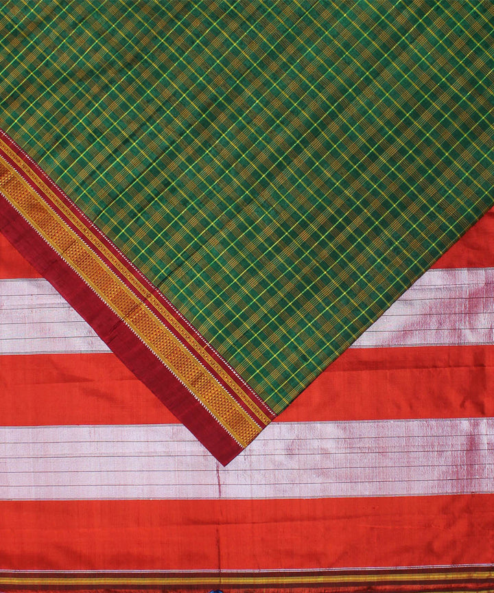 Deep green red handloom cotton art silk chikki paras border ilkal sari