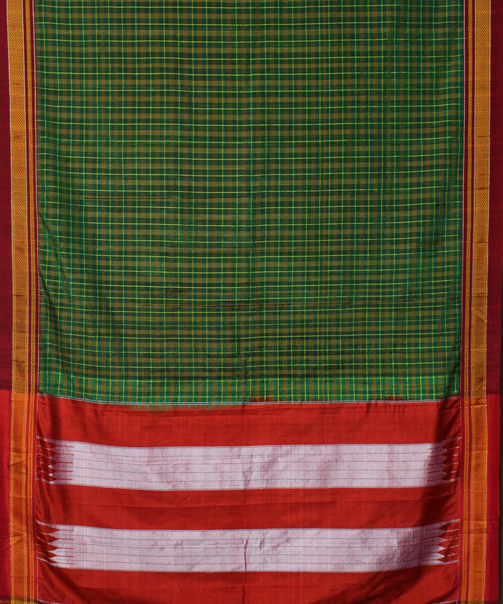 Deep green red handloom cotton art silk chikki paras border ilkal sari