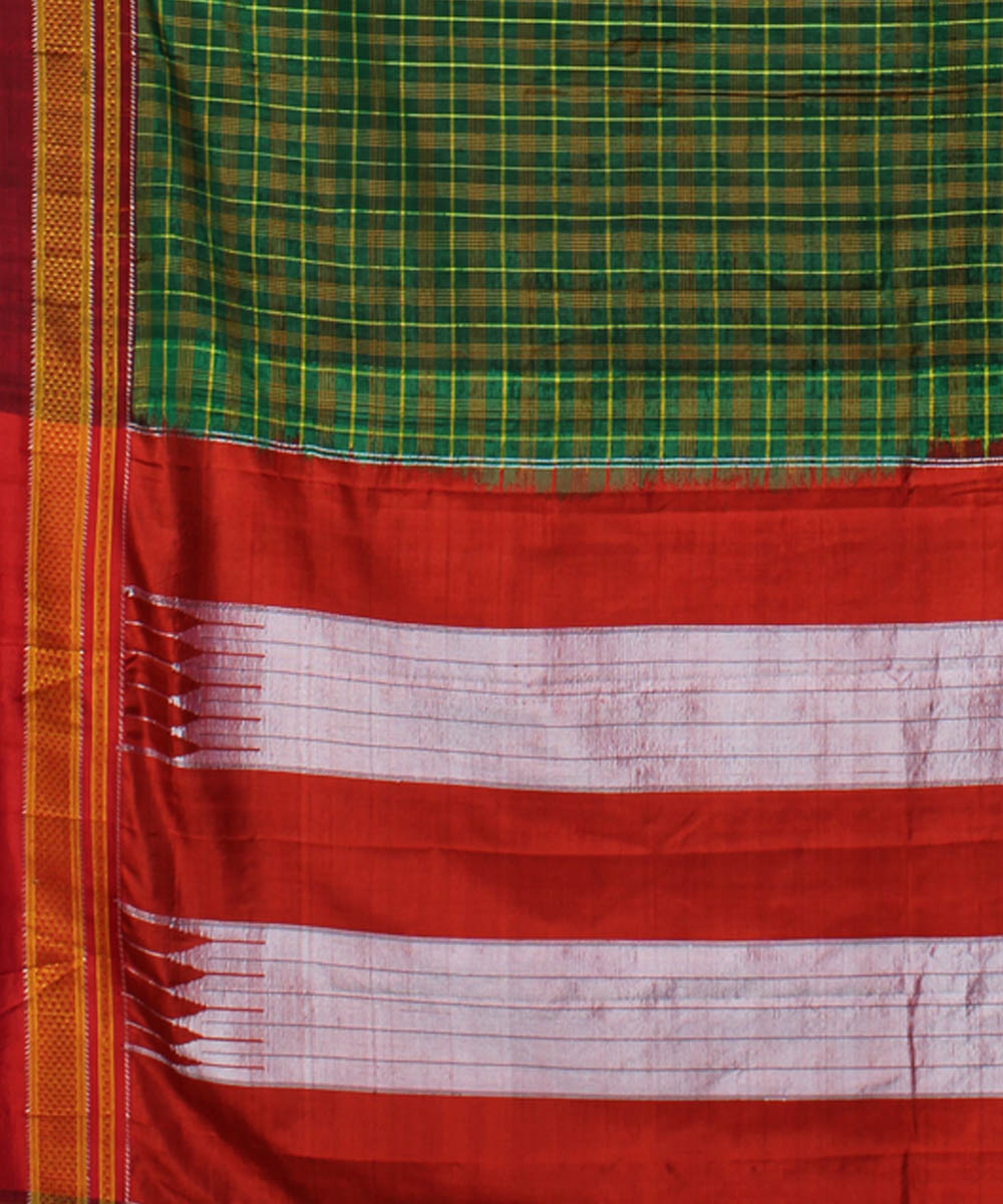 Deep green red handloom cotton art silk chikki paras border ilkal sari