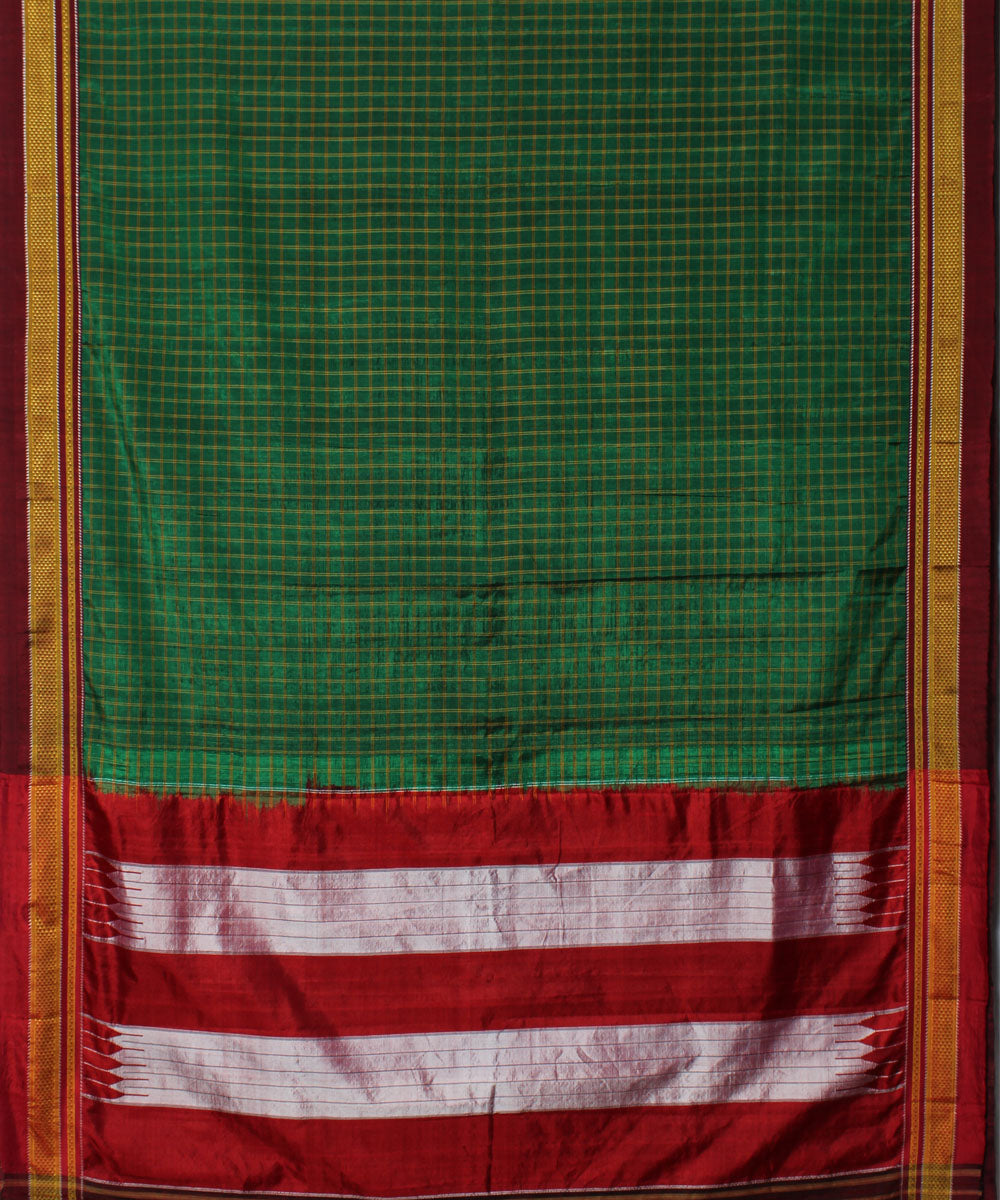 Green maroon handwoven cotton art silk chikki paras border ilkal sari