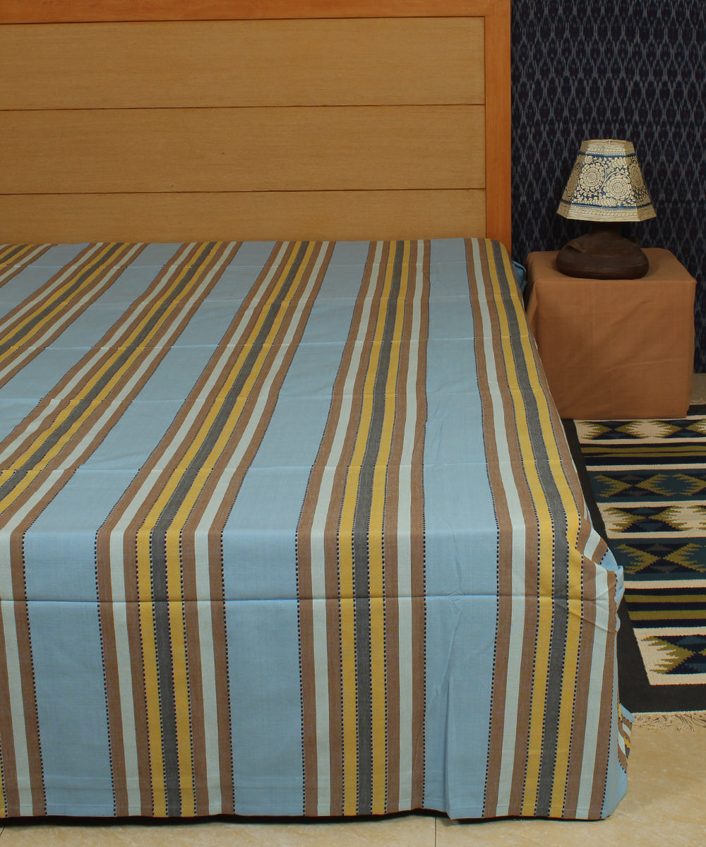 Blue Grey Striped Handloom Cotton Bed Sheet