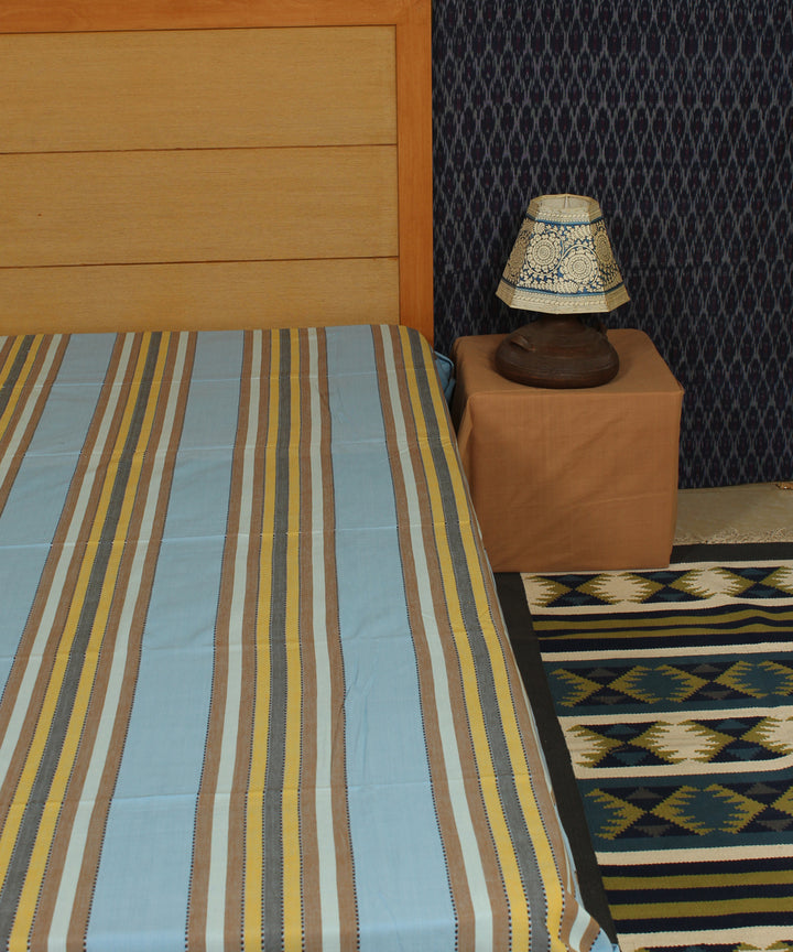 Blue Grey Striped Handloom Cotton Bed Sheet