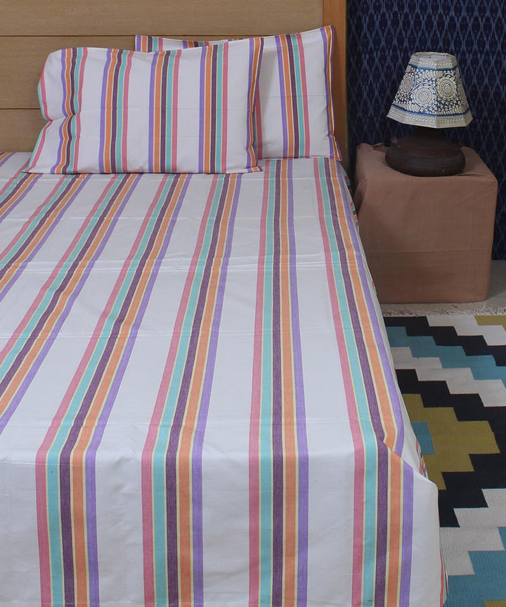 White Colorful Stripe Cotton Single Bed Sheet