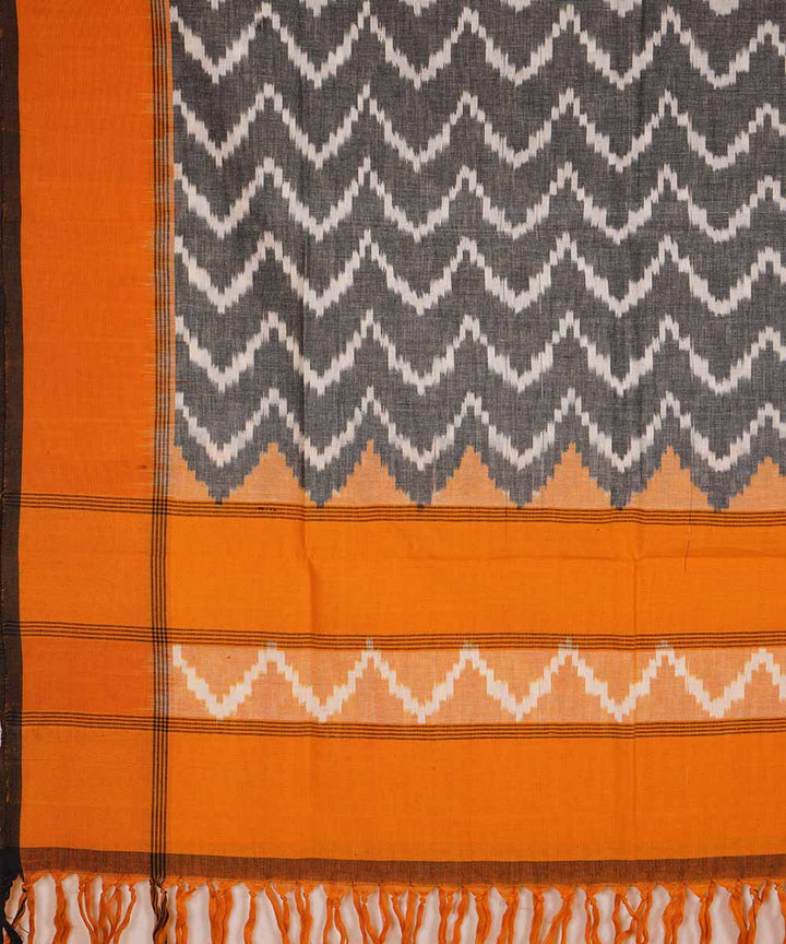 Stone grey orange handwoven cotton ikat pochampally dupatta