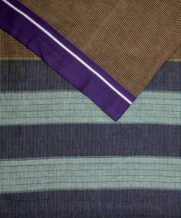 Brown checks and violet borders handwoven cotton patteda anchu saree