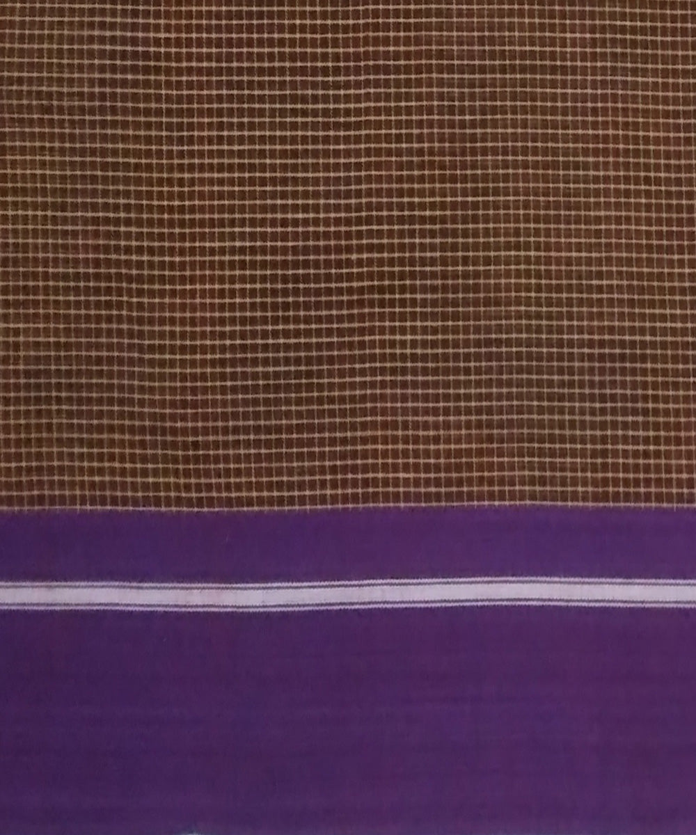 Brown checks and violet borders handwoven cotton patteda anchu saree