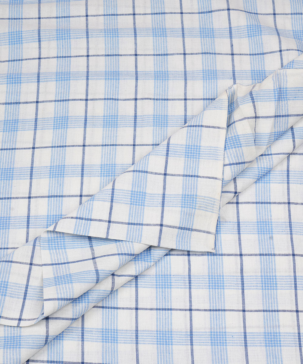 White blue checks handwoven cotton fabric