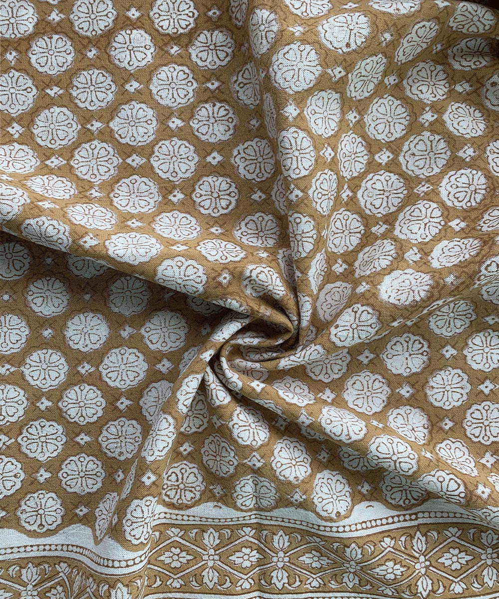 Cream light brown hand block sanganeri print cotton fabric