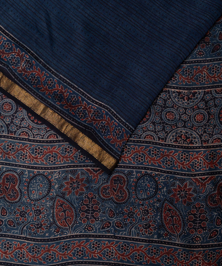 Indigo blue hand printed cotton silk ajrakh saree