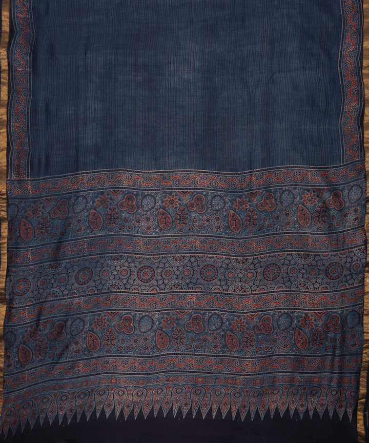 Indigo blue hand printed cotton silk ajrakh saree