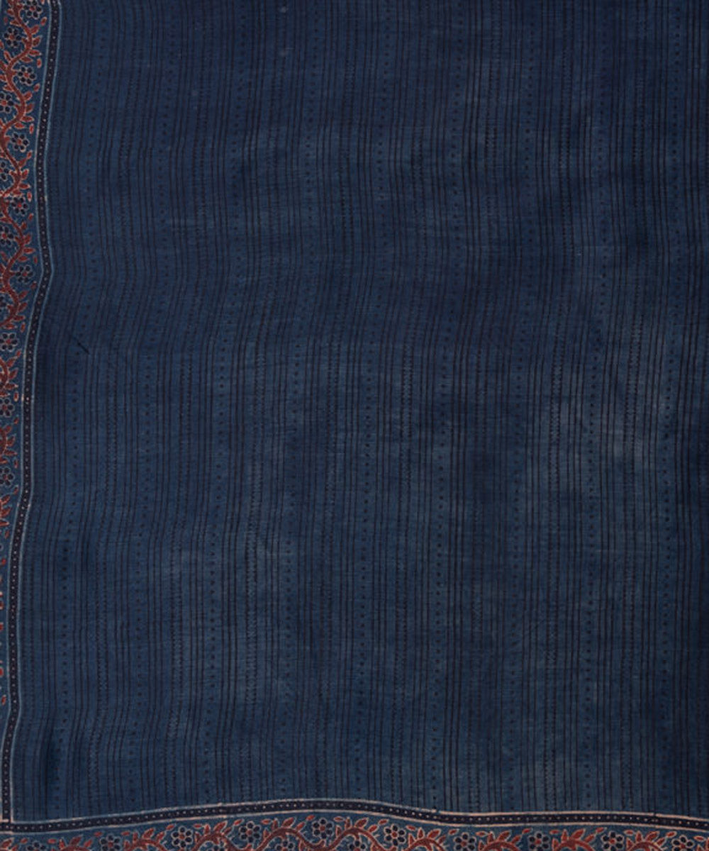 Indigo blue hand printed cotton silk ajrakh saree