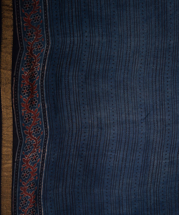 Indigo blue hand printed cotton silk ajrakh saree