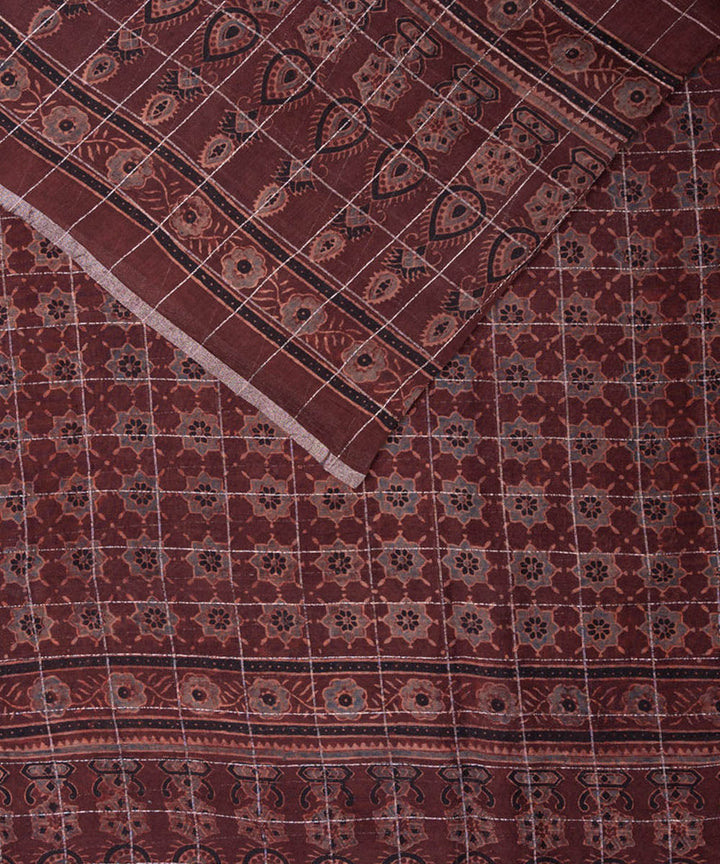 Maroon hand printed cotton silk ajrakh saree