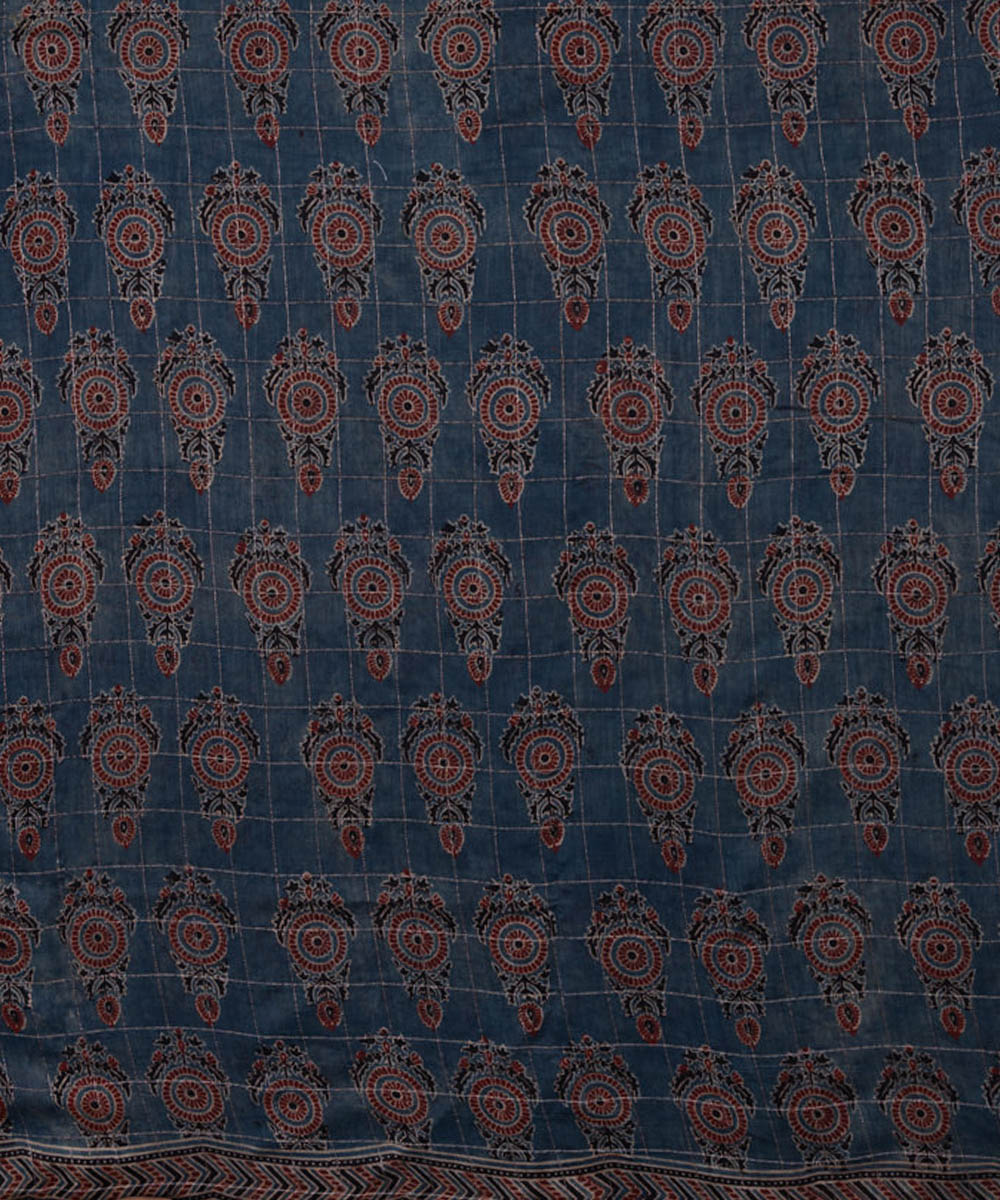 Indigo hand printed cotton silk ajrakh saree