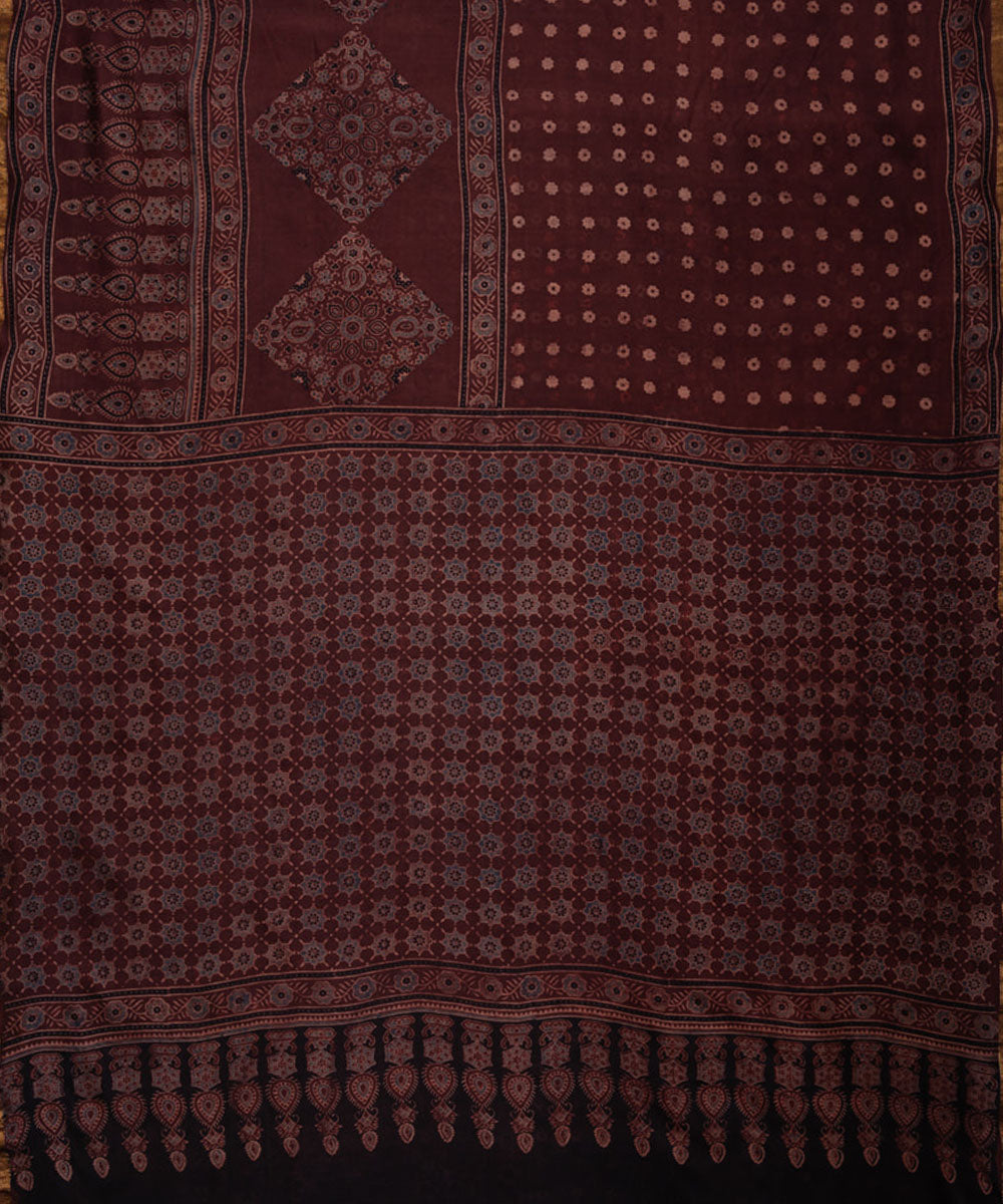 Dark red hand printed cotton silk ajrakh saree