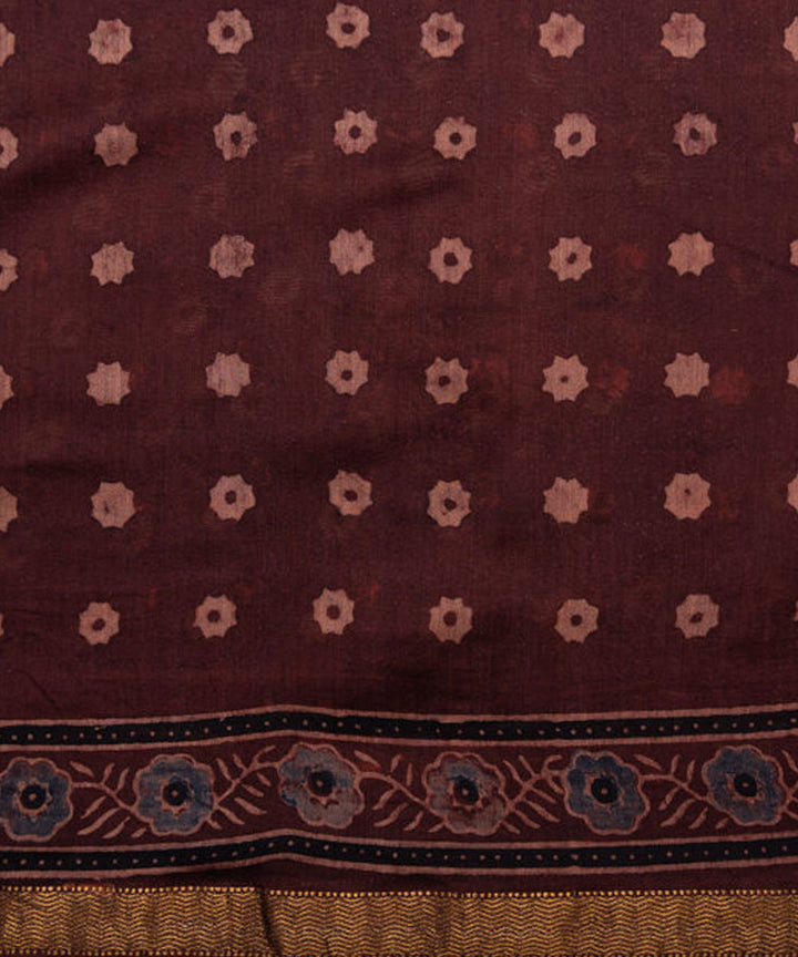 Dark red hand printed cotton silk ajrakh saree