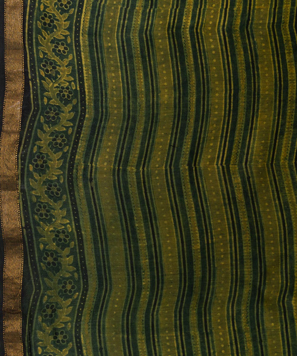 Green hand printed cotton silk ajrakh saree