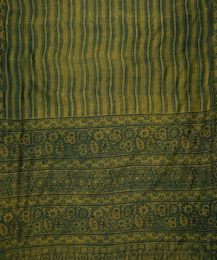 Green hand printed cotton silk ajrakh saree