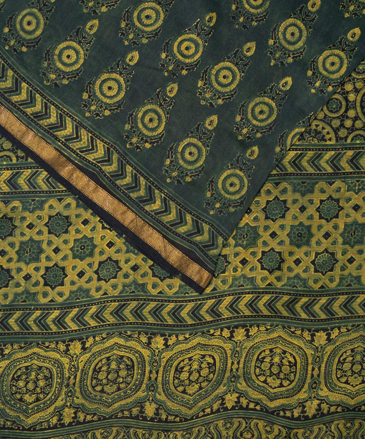 Dark green hand printed cotton silk ajrakh saree