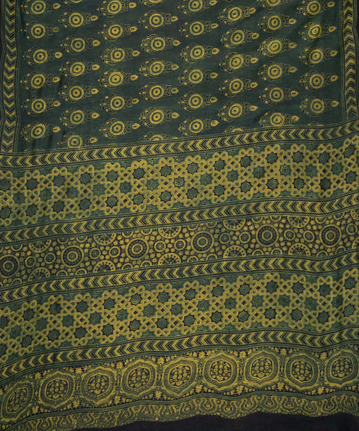 Dark green hand printed cotton silk ajrakh saree