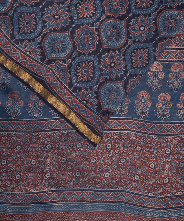 Midnight blue hand printed cotton silk ajrakh saree