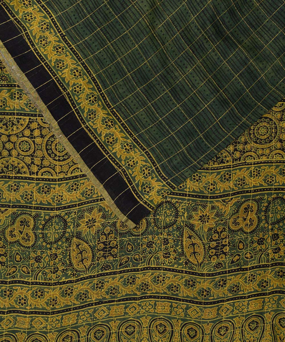 Dark green hand print cotton silk ajrakh saree