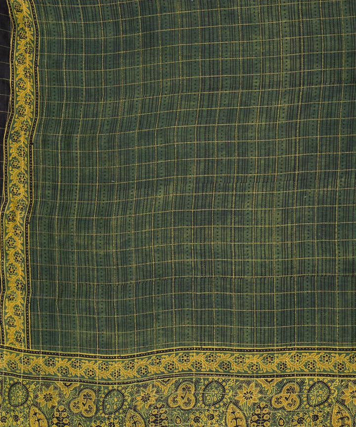Dark green hand print cotton silk ajrakh saree