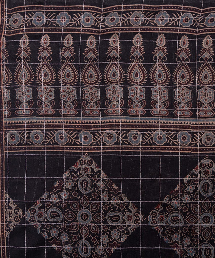 Black hand printed cotton silk ajrakh saree