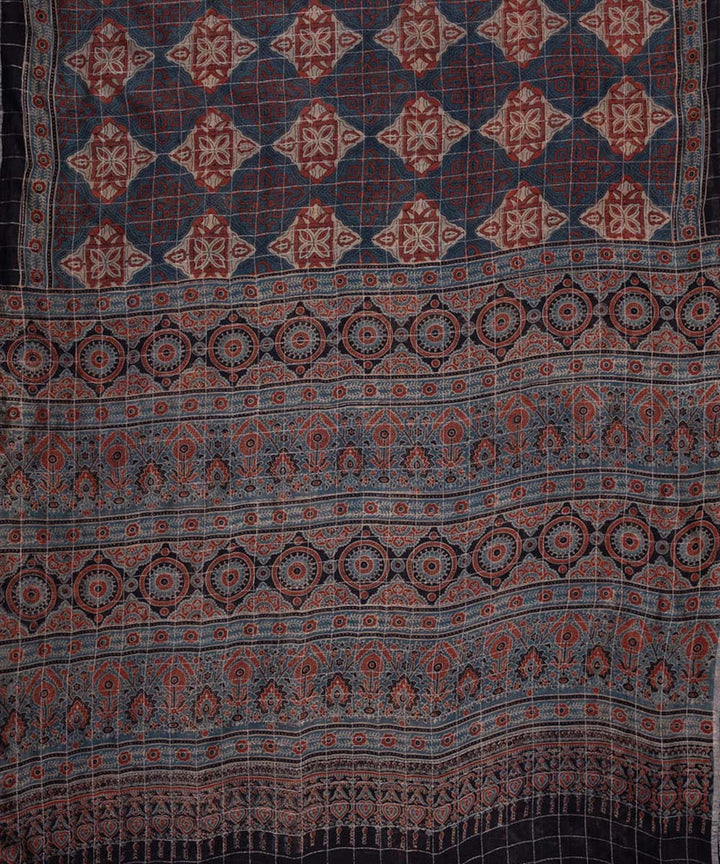 Blue hand printed cotton silk ajrakh saree