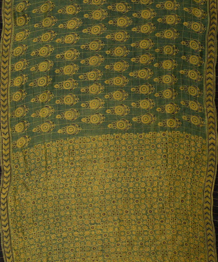 Moss green hand printed cotton silk ajrakh saree