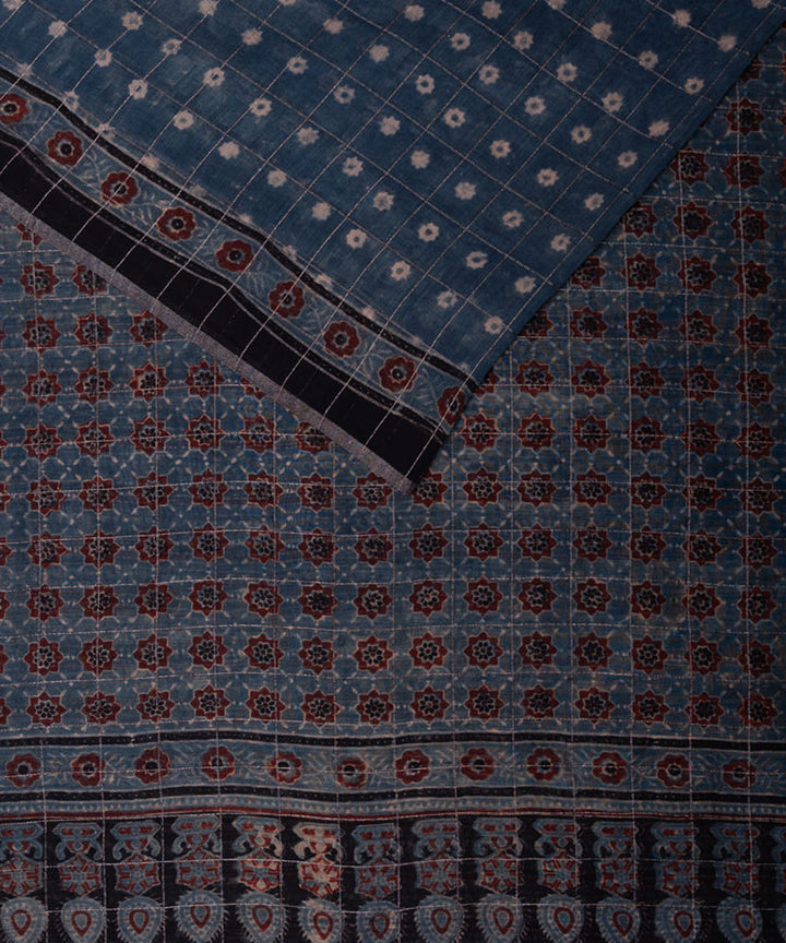 Dark blue hand printed cotton silk ajrakh saree