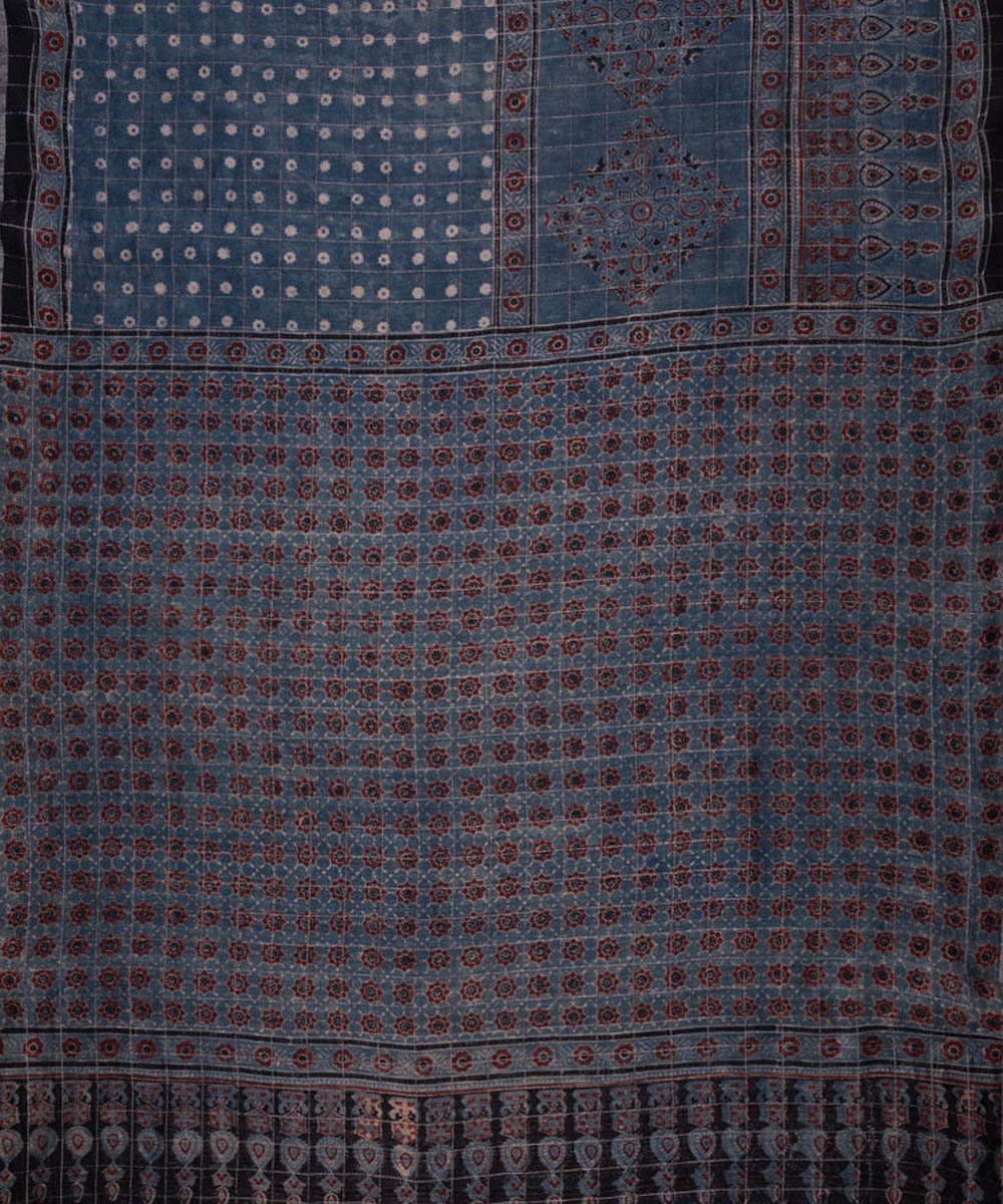 Dark blue hand printed cotton silk ajrakh saree