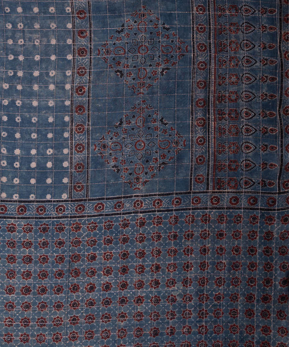 Dark blue hand printed cotton silk ajrakh saree