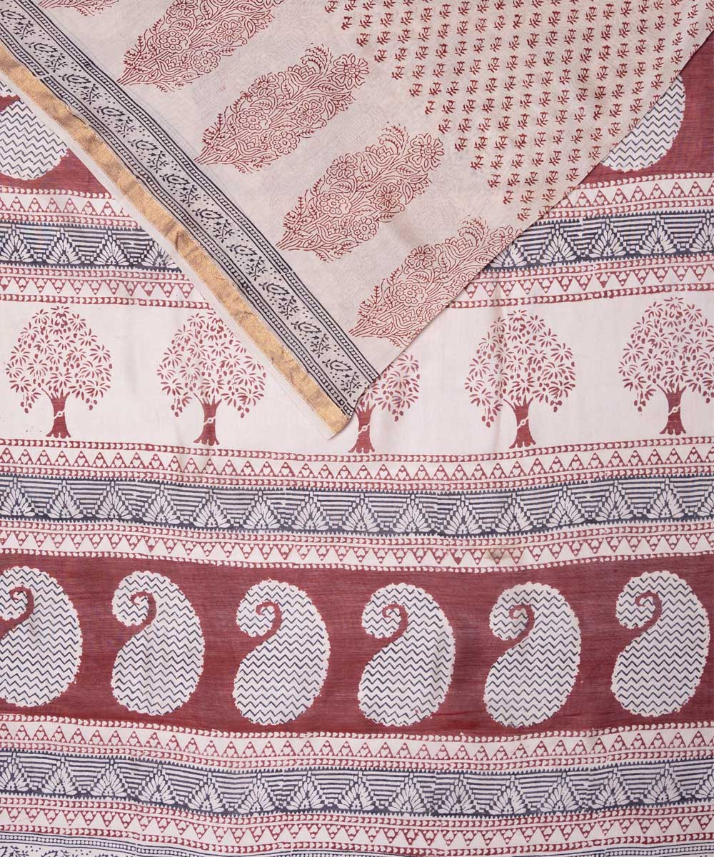 Cream handblock bagh print cotton silk saree