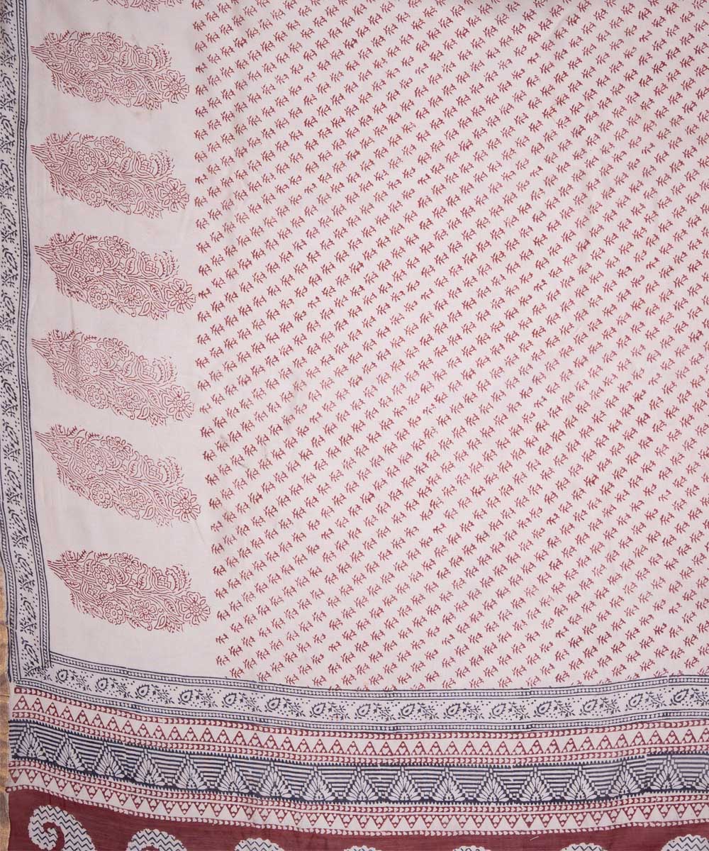 Cream handblock bagh print cotton silk saree