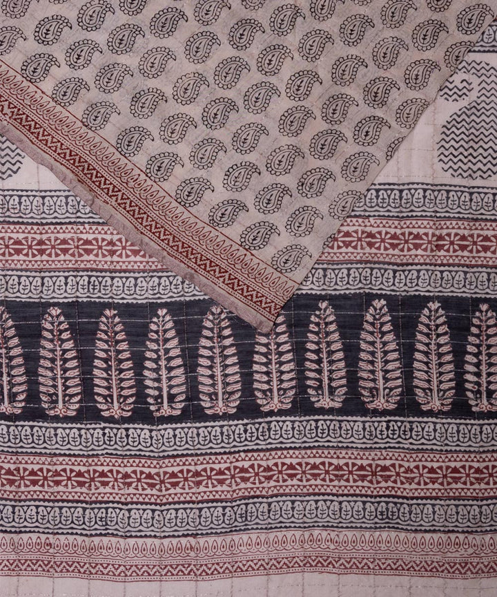 Beige handblock bagh print silk cotton saree