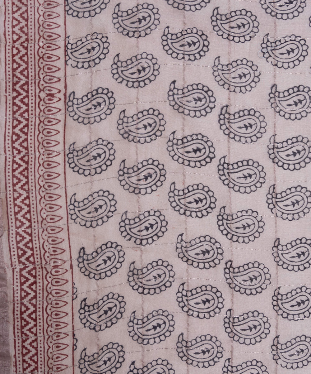 Beige handblock bagh print silk cotton saree