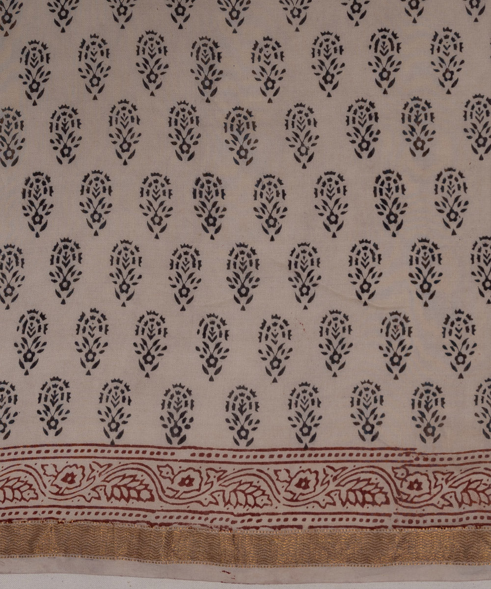 Dark beige hand block bagh print cotton silk saree