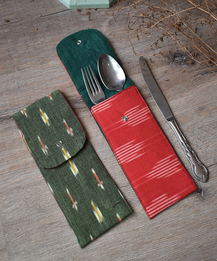 Dark green cotton ikat cutlery pouch