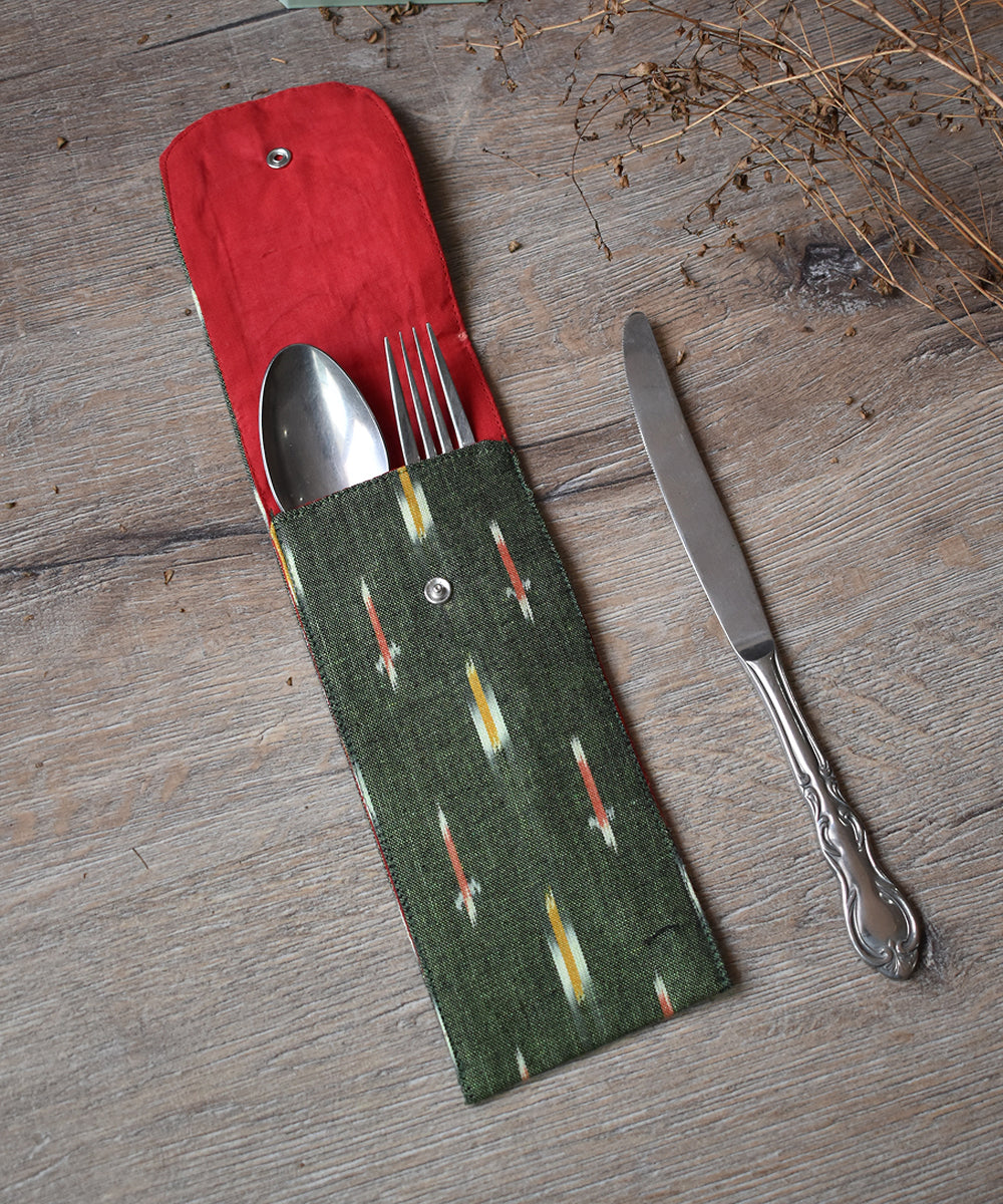 Dark green cotton ikat cutlery pouch