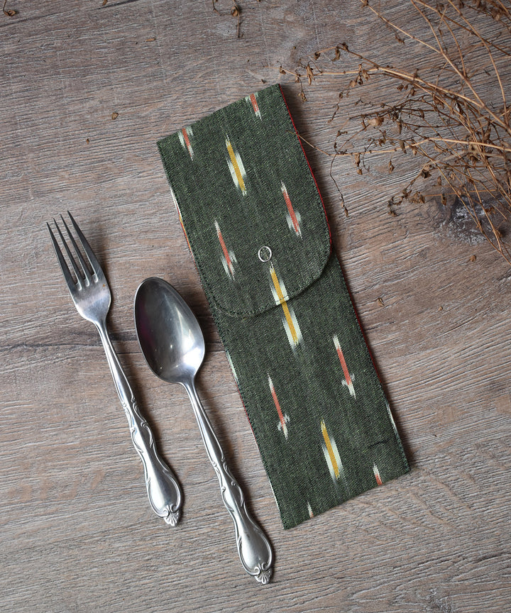 Dark green cotton ikat cutlery pouch