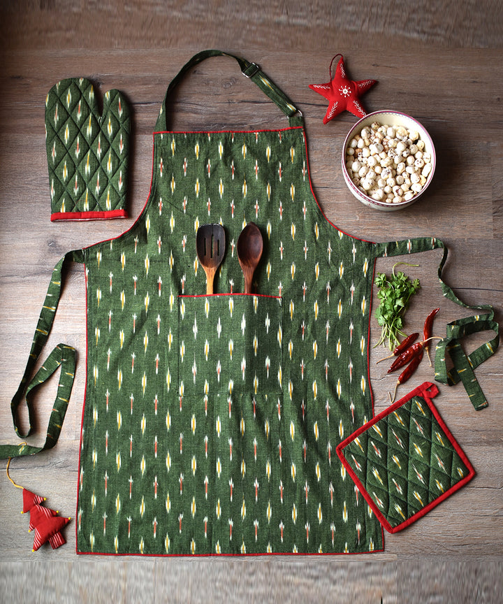 Dark green red cotton ikat kitchen accessory set