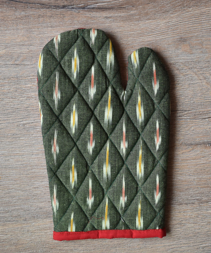 Dark green red cotton ikat kitchen accessory set