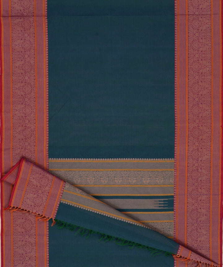 Cyan Blue Maroon Cotton Handwoven Kanchi Saree