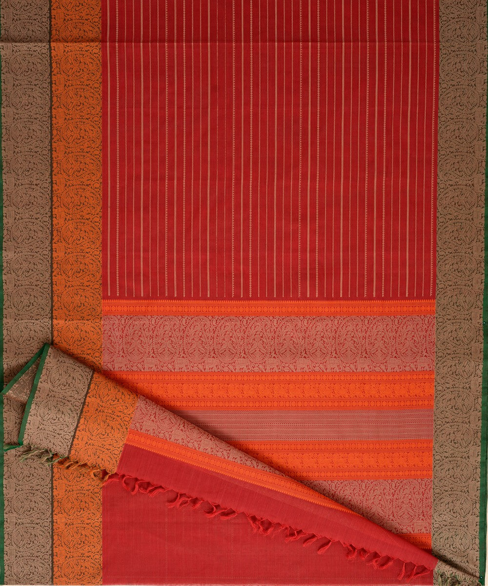 Maroon Orange Green Cotton Handwoven Kanchi Saree